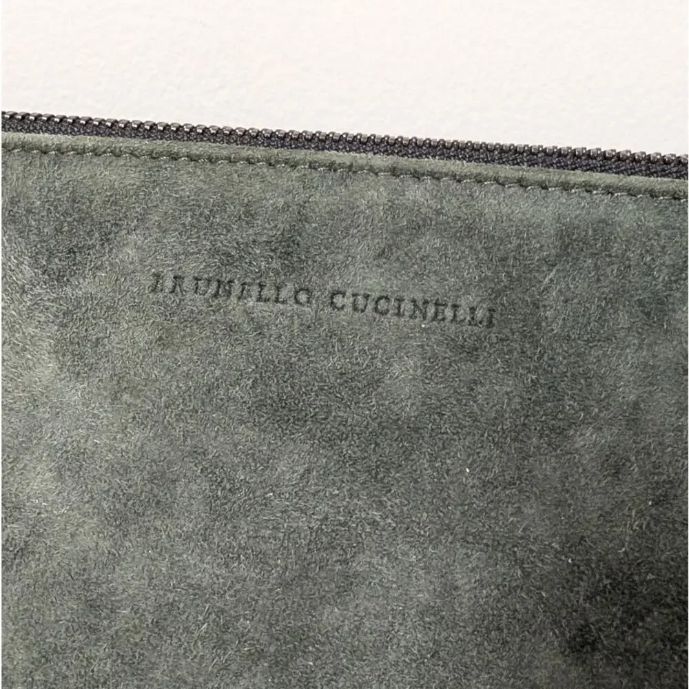Brunello Cucinelli Green Suede Leather Pouch Cosmetic Bag Rare Womens Zipper